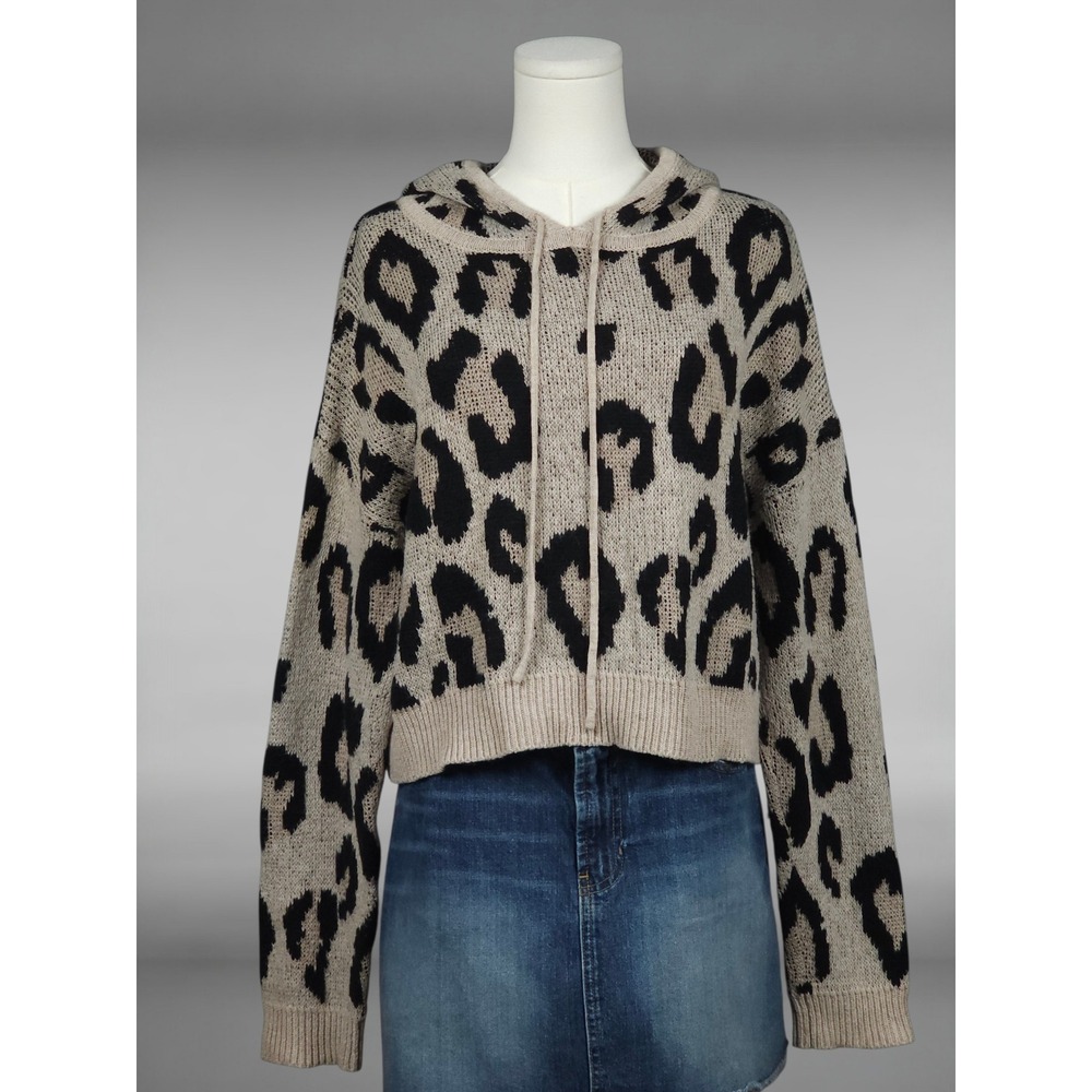 Leopard Print Cropped Hoodie Sweater Fuzzy Knit Cozy Neutral Indie Boho M